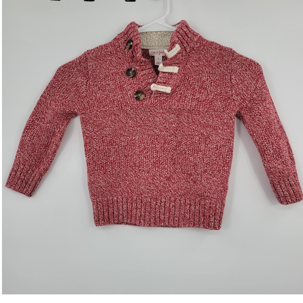 Cat & Jack Shawl Neck Toggle Sweater Toddler 3T Red White Marl Knit Faux Fur